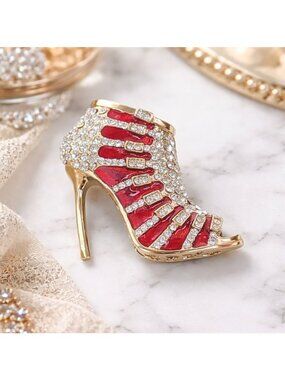 Rhinestone & Enamel High Heel Shoe Brooch Pin - Red & Gold Sparkle Accent Jewelr